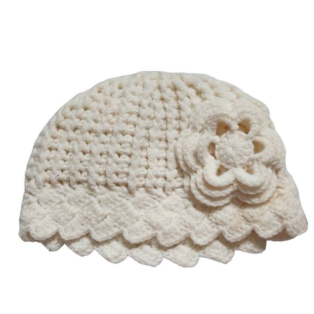 Baby Girl Size 12/18M Ivory Knit Flower Hat